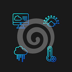 Set line Meteorology thermometer, Cloud with rain, Weather forecast and Sunrise. Gradient color icons. Vector