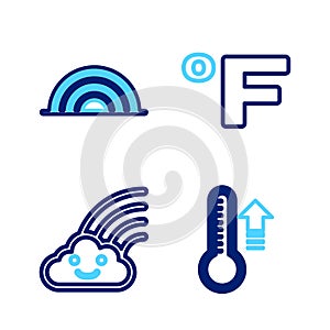 Set line Meteorology thermometer, Rainbow with cloud, Fahrenheit and icon. Vector