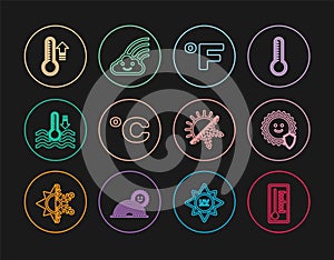 Set line Meteorology thermometer, UV protection, Fahrenheit, Celsius, Water, Sun and snowflake and Rainbow with cloud