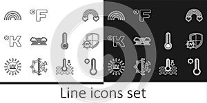 Set line Meteorology thermometer, UV protection, Rainbow with sun, clouds, Kelvin, and Fahrenheit icon. Vector