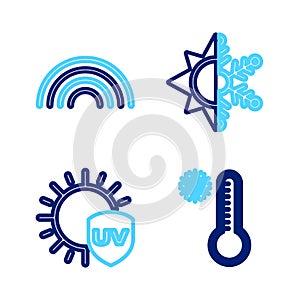 Set line Meteorology thermometer, UV protection, Sun and snowflake and Rainbow icon. Vector