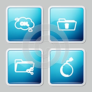 Set line Methane emissions reduction, Delete folder, Share and Bomb ready to explode icon. Vector
