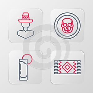 Set line Mexican carpet, Tequila glass with lemon, skull coin and man sombrero icon. Vector