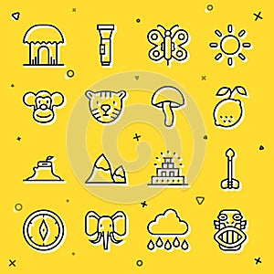 Set line Mexican mayan or aztec mask, Arrow, Lemon, Butterfly, Tiger head, Monkey, African hut and Mushroom icon. Vector