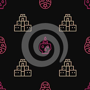 Set line Mexican wrestler, Chichen Itza in Mayan and Burning candle on skull on seamless pattern. Vector
