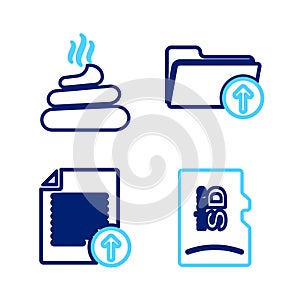 Set line Micro SD memory card, Document protection, Upload file and Download arrow with folder icon. Vector