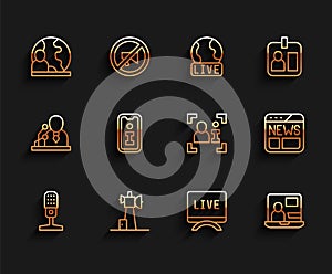 Set line Microphone, Antenna, World news, Live report, Information, News and Television icon. Vector