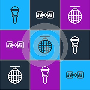 Set line Microphone, Disco ball and Music note, tone icon. Vector