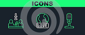 Set line Microphone, Interview and Live report icon. Vector