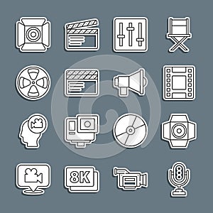 Set line Microphone, Movie spotlight, Play Video, Sound mixer controller, clapper, Film reel, and Megaphone icon. Vector