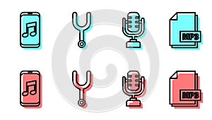 Set line Microphone, Music player, Musical tuning fork and MP3 file document icon. Vector