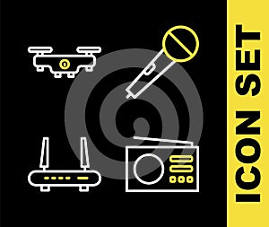 Set line Microphone, Radio, Router and wi-fi signal and Drone flying icon. Vector