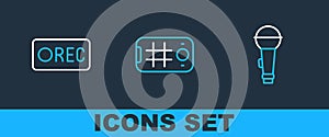 Set line Microphone, Record button and Selfie mobile icon. Vector