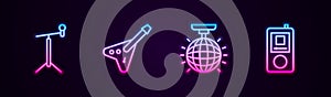 Set line Microphone with stand, Electric bass guitar, Disco ball and Music player. Glowing neon icon. Vector