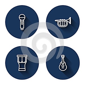 Set line Microphone, Trumpet, African percussion drum and Guitar with long shadow. Blue circle button. Vector