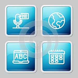 Set line Microphone voice device, Earth globe, Foreign language online study and School timetable icon. Vector