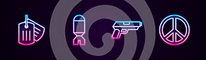 Set line Military dog tag, Rocket launcher, Pistol or gun and Peace. Glowing neon icon. Vector
