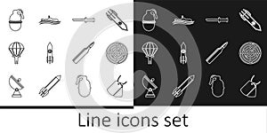 Set line Military dog tags, Radar with targets, knife, Nuclear rocket, Parachute, Hand grenade, Bullet and Submarine
