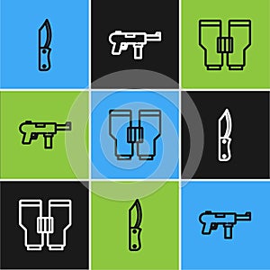 Set line Military knife, Binoculars and Submachine gun M3 icon. Vector