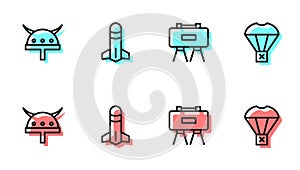 Set line Military mine, Viking horned helmet, Rocket and Box flying on parachute icon. Vector