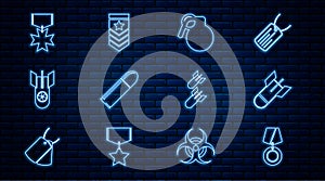 Set line Military reward medal, Aviation bomb, Hand grenade, Bullet, Nuclear, and Chevron icon. Vector