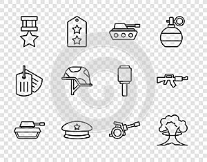 Set line Military tank, Nuclear explosion, beret, reward medal, helmet, Howitzer and M16A1 rifle icon. Vector