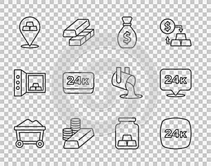 Set line Mine cart with gold, Gold bars 24k, Old money bag, coin, and icon. Vector