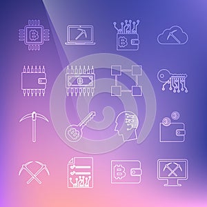 Set line Mining with monitor and pickaxe, Cryptocurrency wallet, key, bitcoin circuit, CPU mining farm and Blockchain