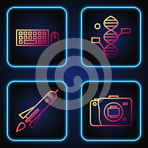 Set line Mirrorless camera, Rocket ship with fire, Keyboard and mouse and DNA symbol. Gradient color icons. Vector