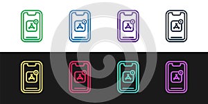 Set line Mobile Apps icon isolated on black and white background. Smartphone with screen icons, applications. mobile
