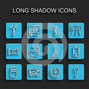 Set line Mobile Apps, Microwave oven, Hammer, Clock, House key, Kettle with handle, phone and Handle broom icon. Vector