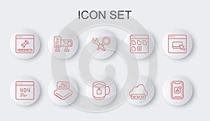 Set line Mobile Apps, Page with a 404 error, Debugging, Web development, Loading data window, Computer monitor screen