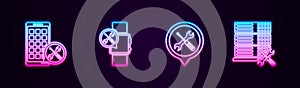 Set line Mobile Apps service, Smartwatch, Location and Database server. Glowing neon icon. Vector