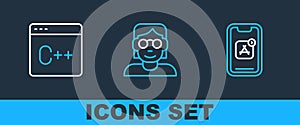 Set line Mobile Apps, Software and Hacker or coder icon. Vector