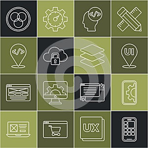 Set line Mobile Apps, Web development, UI or UX design, Front end, Cloud computing lock, RGB and CMYK color mixing and