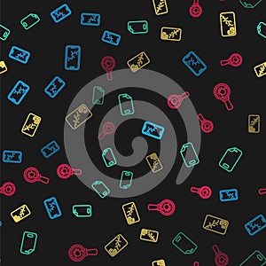 Set line Mobile with broken screen, Glass protector, and System bug on seamless pattern. Vector