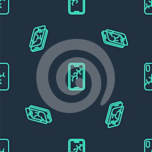 Set line Mobile with broken screen, and on seamless pattern. Vector