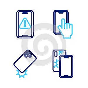 Set line Mobile with broken screen, Shockproof phone, Phone repair service and exclamation mark icon. Vector