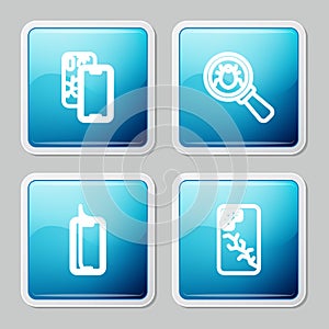 Set line Mobile with broken screen, System bug, Glass protector and icon. Vector