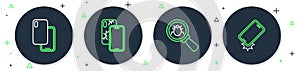 Set line Mobile with broken screen, System bug, Smartphone and Shockproof icon. Vector