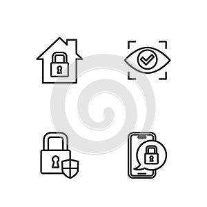 Set line Mobile with closed padlock, Shield security, House under protection and Eye scan icon. Vector