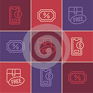 Set line Mobile with dollar, Cardboard box free symbol and Discount percent tag icon. Vector