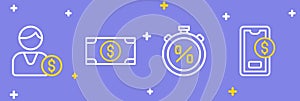 Set line Mobile with dollar, Stopwatch percent discount, Stacks paper money cash and Buyer icon. Vector