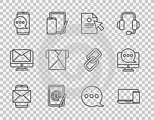 Set line Mobile and envelope, Monitor phone, Document cursor, Mail e-mail, Chat messages notification, Envelope, Speech