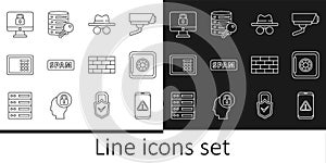 Set line Mobile with exclamation mark, Safe, Incognito mode, Spam, Lock computer monitor, Firewall, security wall and