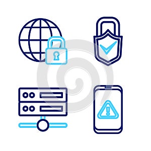 Set line Mobile with exclamation mark, Server, Data, Web Hosting, Lock and check and Global lockdown icon. Vector