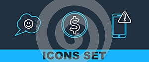 Set line Mobile with exclamation mark, Speech bubble smile face and Coin money dollar icon. Vector