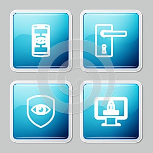 Set line Mobile and eye scan, Door handle, Shield and Monitor with password icon. Vector