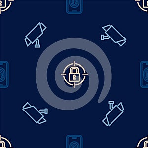 Set line Mobile with fingerprint scanner, Security camera and Lock on seamless pattern. Vector