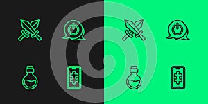 Set line Mobile gaming, Bottle with magic elixir, Sword for game and Power button icon. Vector